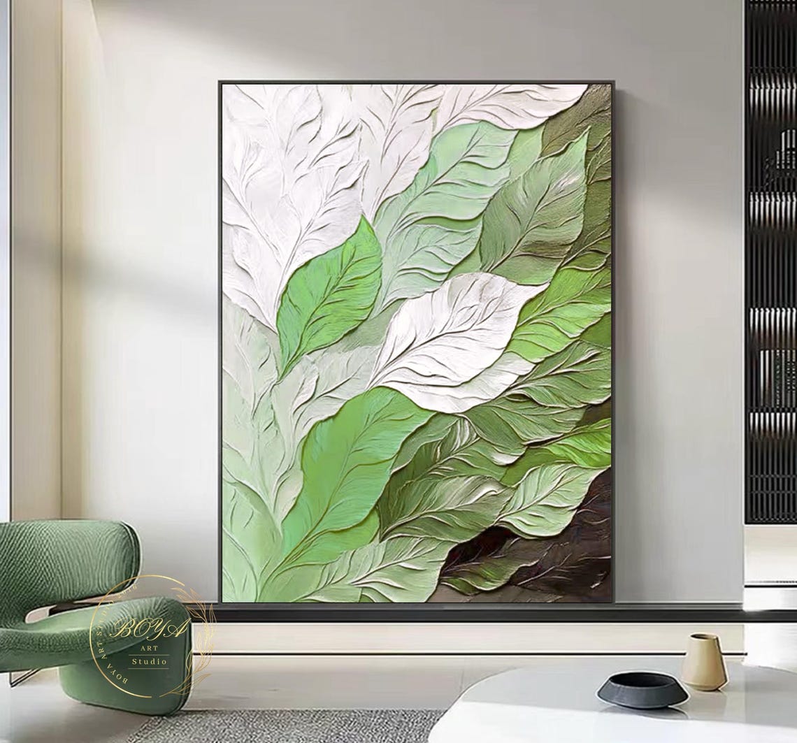 Sculptural White and Green Textured Leaves Botanical Wall Art - Image 2