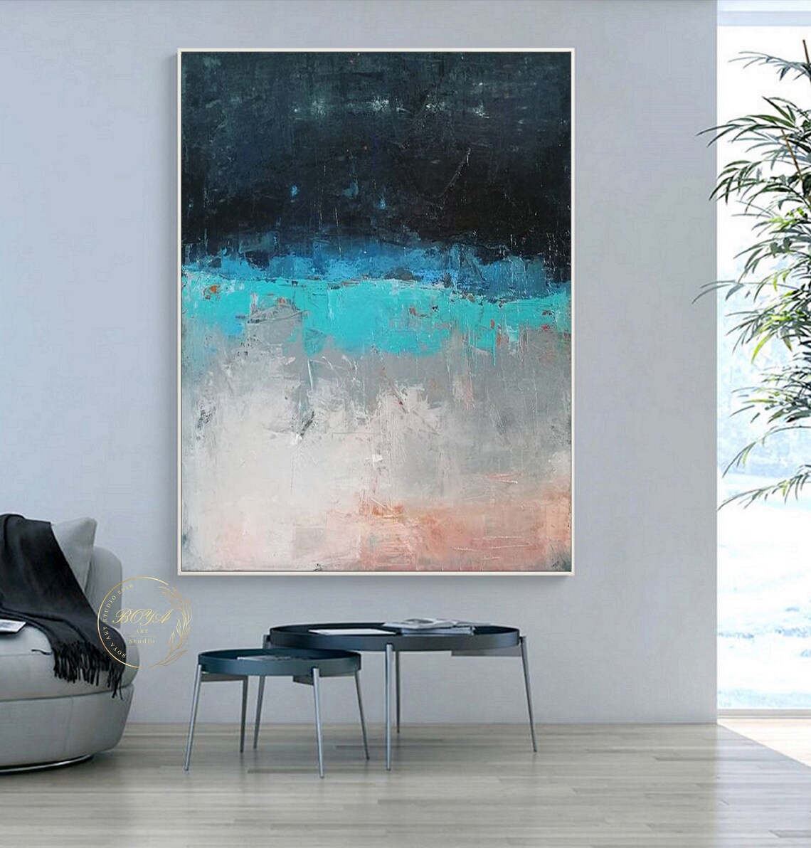 Moody Dark Blue Turquoise Abstract Seascape Painting Art Poster - Image 3