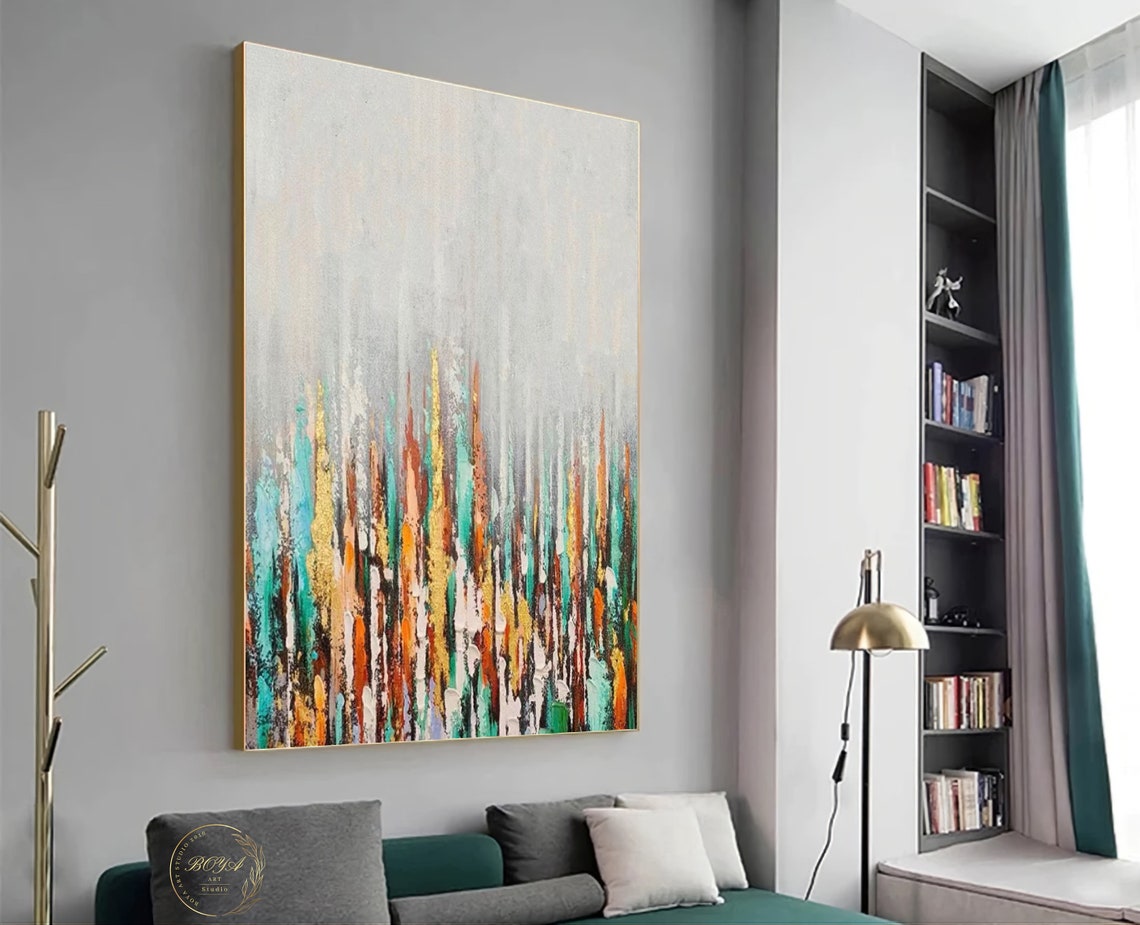 Colorful Vertical Drip Abstract in Turquoise and Gold Poster - Image 3