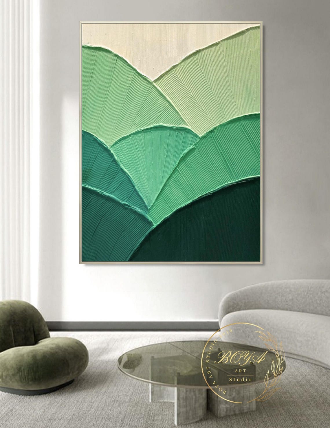 Green Gradient Ridged Leaves with Impasto Texture Abstract Poster - Image 3