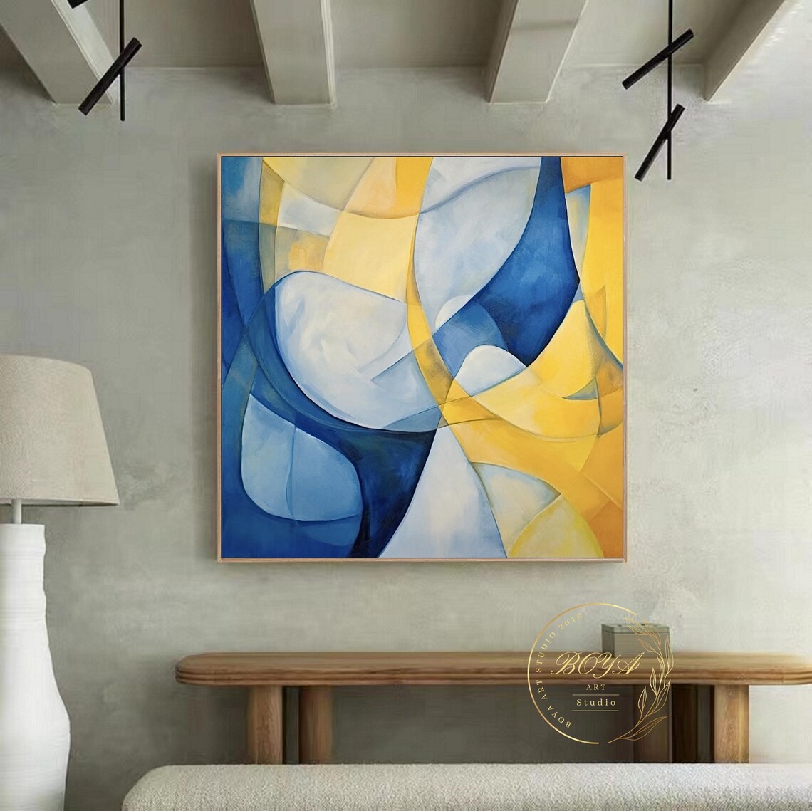 Flowing Curved Blue and Yellow Ribbon Abstract Painting Poster - Image 3