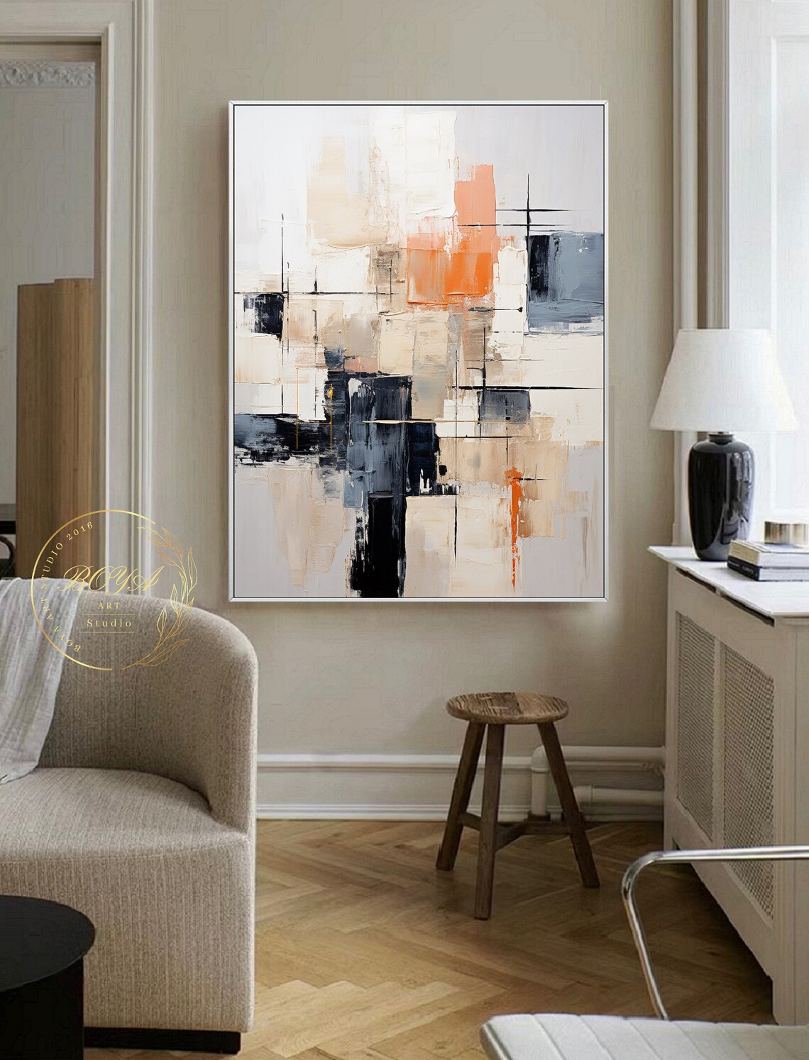 Beige Abstract Oil Painting, Black White Art Print - Image 4