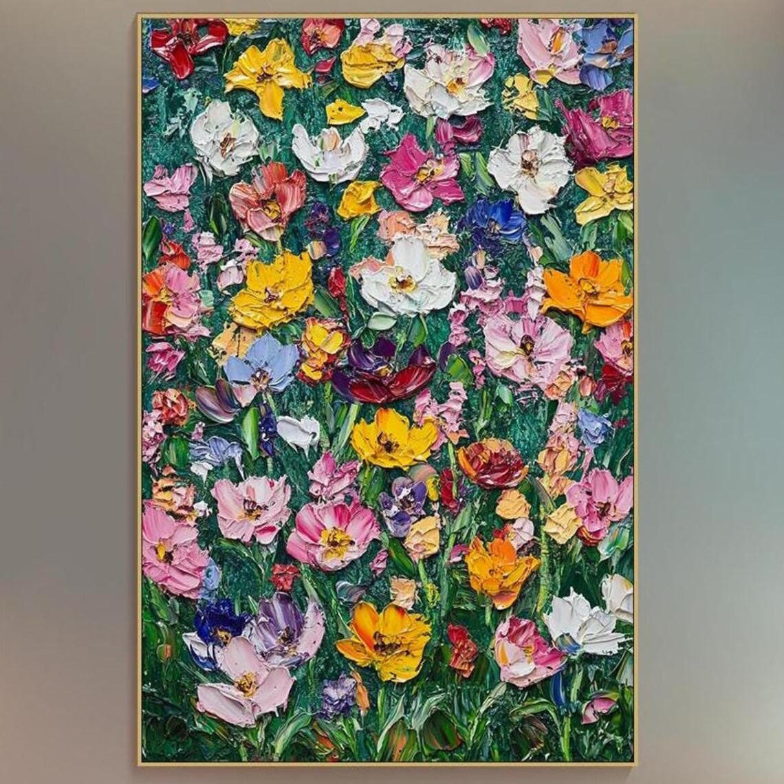 Colorful Wildflower Meadow Dense Blooms Impasto Oil Painting Wall Art