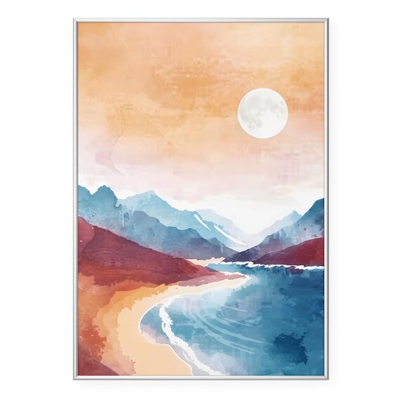 Full Moon Rising Over Coastal Mountains Watercolor Landscape Poster