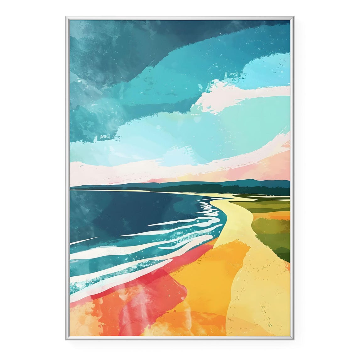 Colorful Abstract Ocean Waves Rolling On Beach Modern Art Poster