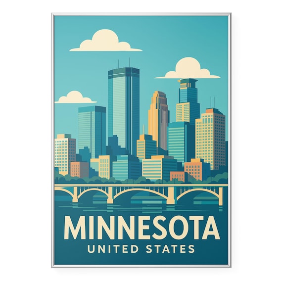 Minnesota United States Retro Mid-Century Skyline Travel Poster