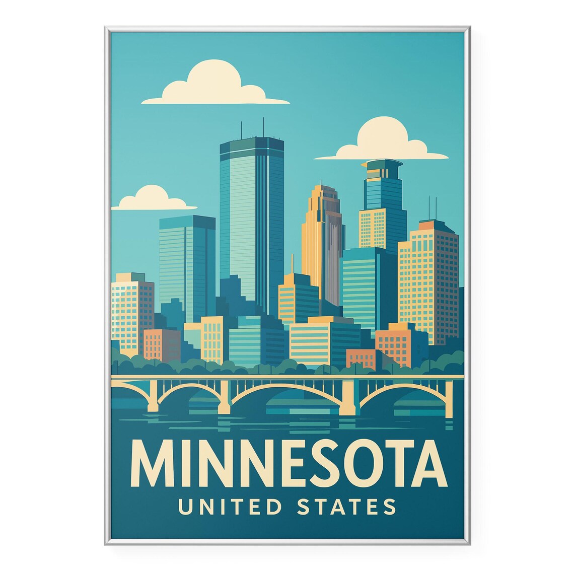 Minnesota United States Retro Mid-Century Skyline Travel Poster