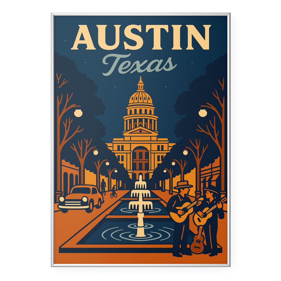 Austin Live Music Capitol Retro Travel Poster