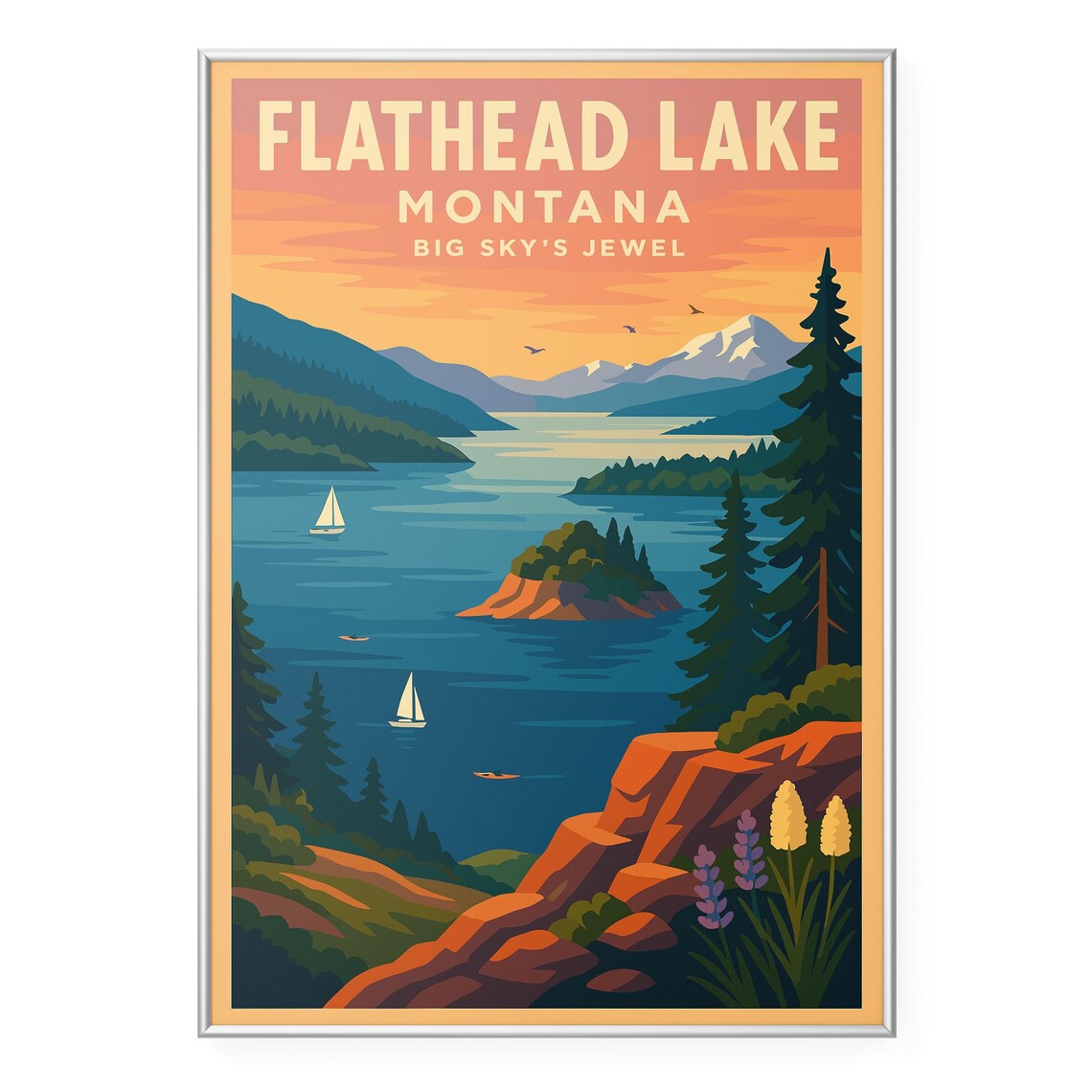 Flathead Lake Montana Big Skys Jewel Sunset Sailboat Travel Poster