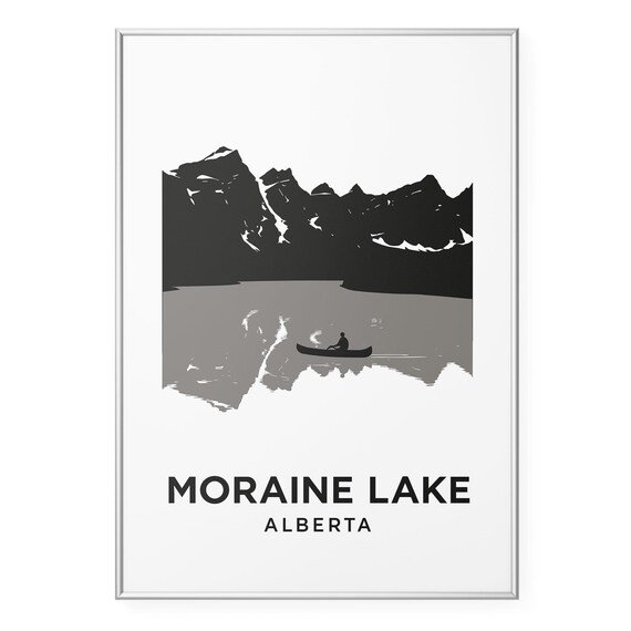 Moraine Lake Alberta Monochrome Canoe Mountain Travel Poster