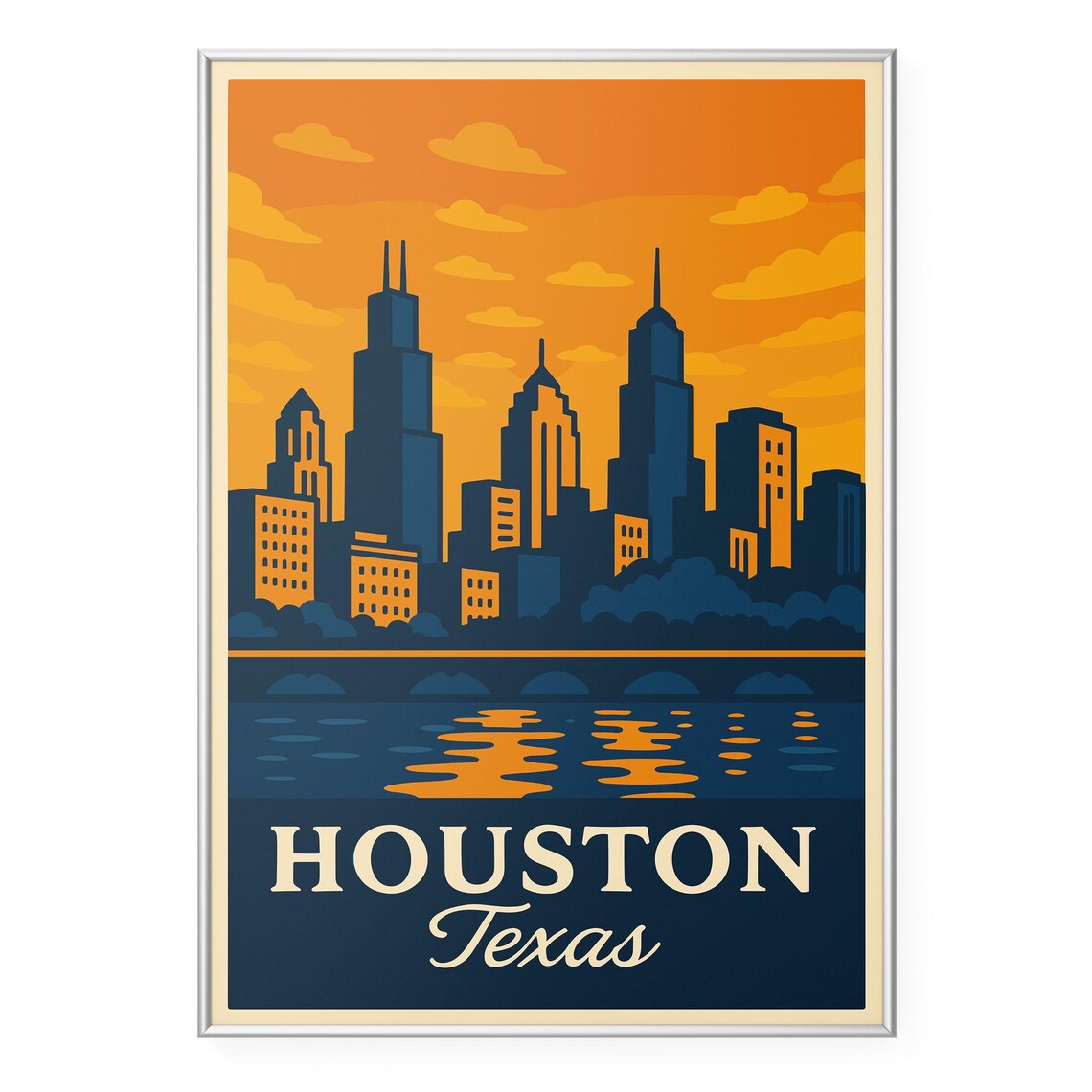 Houston Retro Cityscape Travel Poster, Modern Office Decor