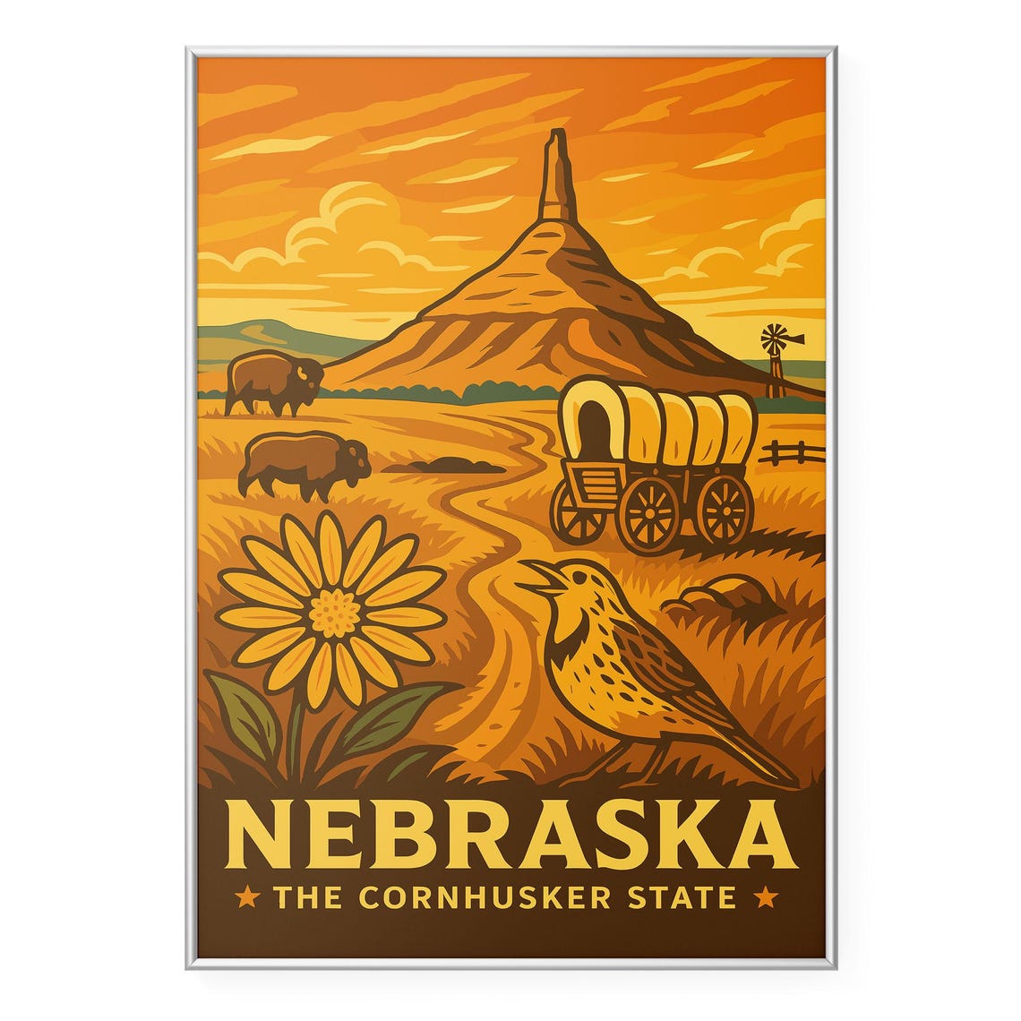 Nebraska The Cornhusker State Prairie Bison Vintage Travel Poster
