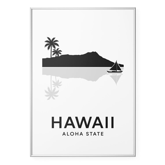 Hawaii Aloha State Island Peak Palms Sailboat Silhouette Poster