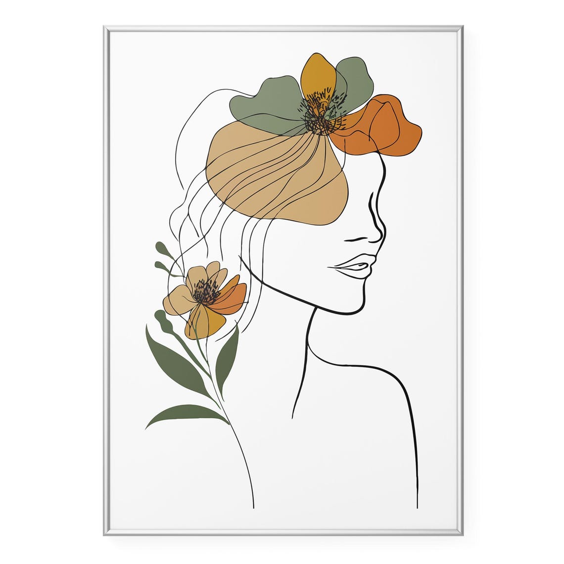 Abstract Woman Profile Line Drawing With Flowers Neutral Wall Art