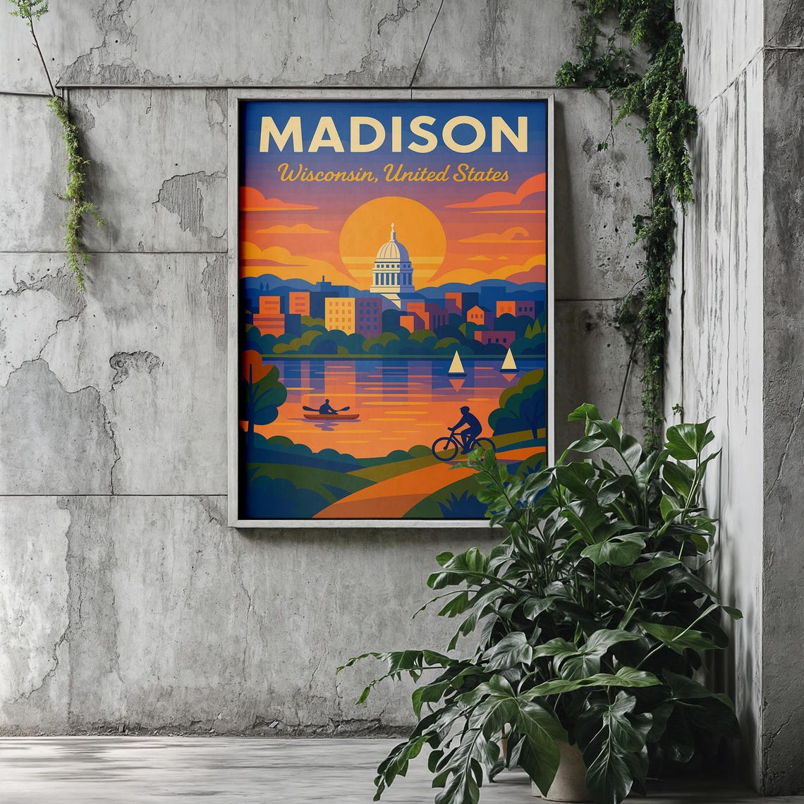 Madison Wisconsin Capitol Dome Lake Sunset Retro Travel Poster