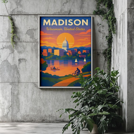 Madison Wisconsin Capitol Dome Lake Sunset Retro Travel Poster