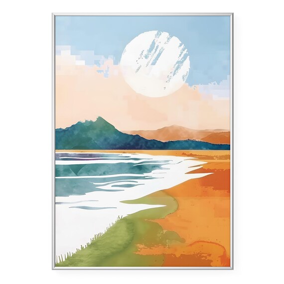 Coastal Sunset Beach Blue Mountains Watercolor Landscape Poster