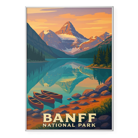 Banff National Park Alberta Lake Canoes Sunset Travel Poster