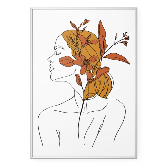 Boho Line Art Wall Poster Minimalist Woman Illustration Neutral Botanical Decor Drawing Artwork