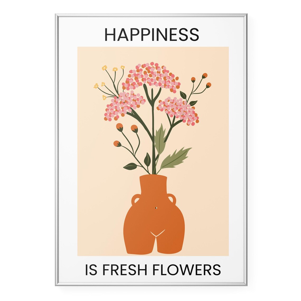 Happiness Is Fresh Flowers Orange Vase Floral Quote Print Art