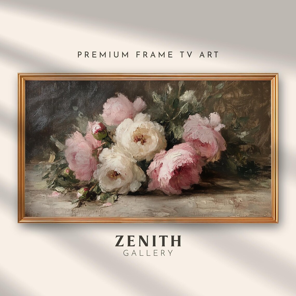 Pink White Peonies Dark Moody Vintage Floral Bouquet Art Poster
