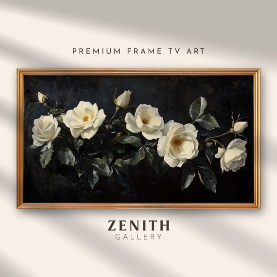 Frame Tv Art White Roses Vintage Floral Oil Painting Valentines Day Frame Tv Art Dark Moody Neutral Botanical Decor
