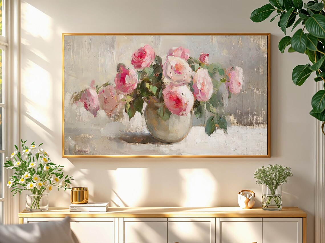 Pink Roses Cream Vase Soft Neutral Vintage Shabby Chic Floral Poster - Image 2