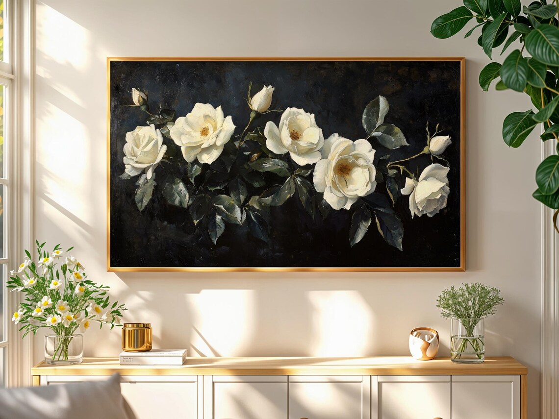 White Roses Dark Moody Vintage Floral Still Life Oil Painting Poster - Image 2
