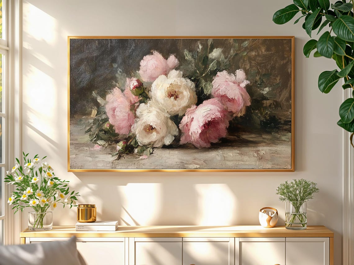 Pink White Peonies Dark Moody Vintage Floral Bouquet Art Poster - Image 2