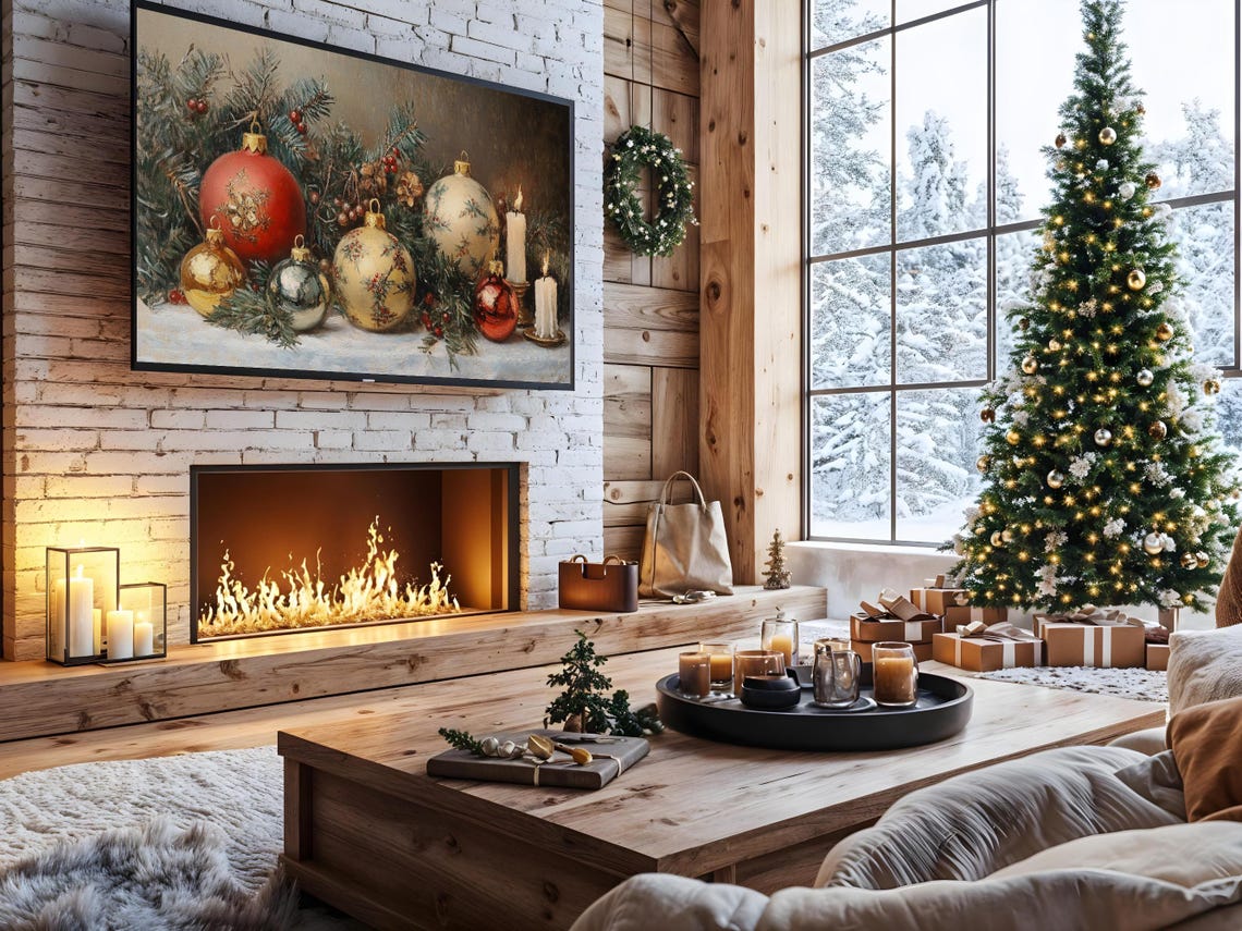 Christmas Ornaments Candles Pine Vintage Holiday Still Life Poster - Image 2