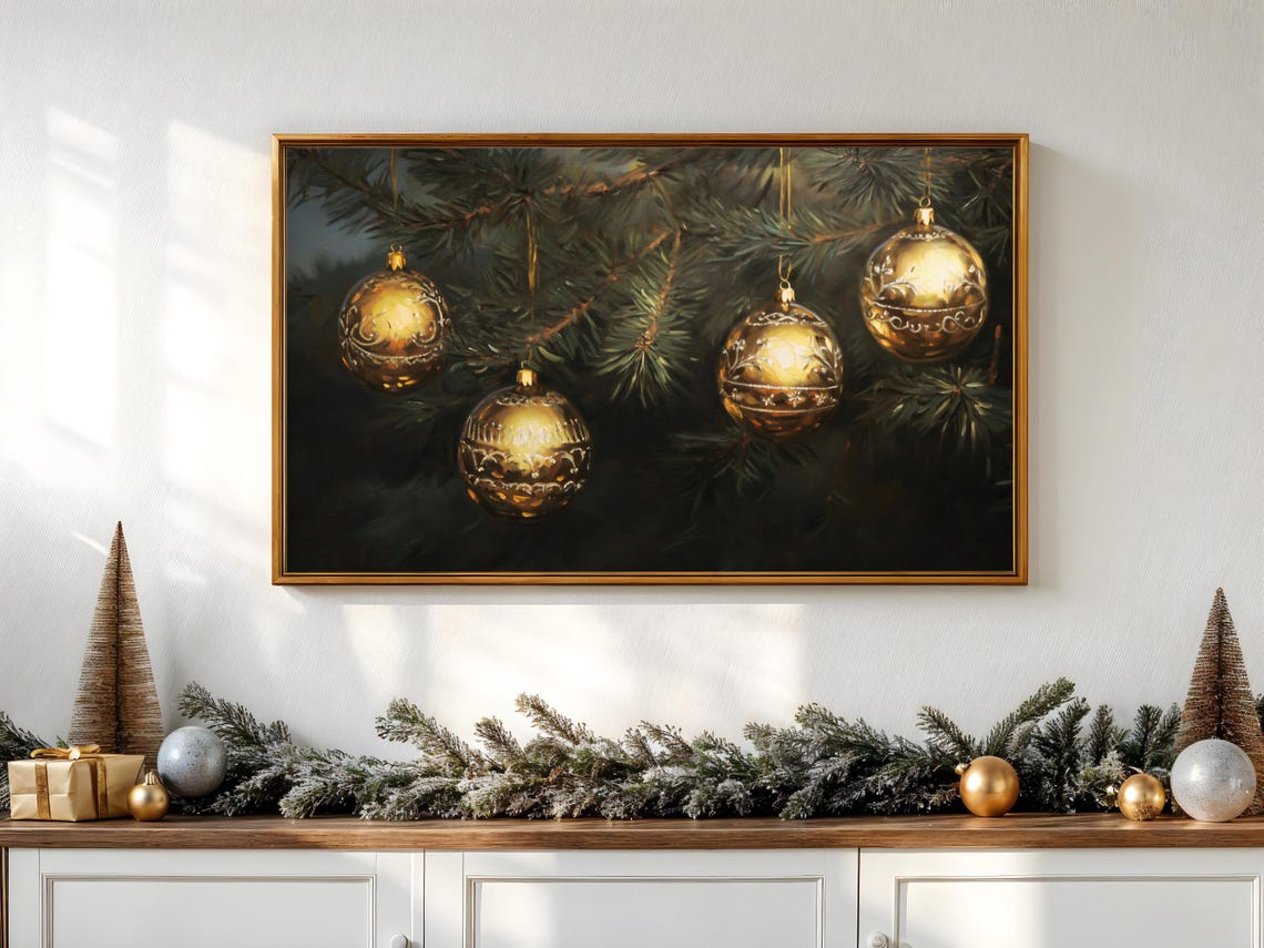 Golden Ornaments Pine Branches Dark Festive Vintage Christmas Poster