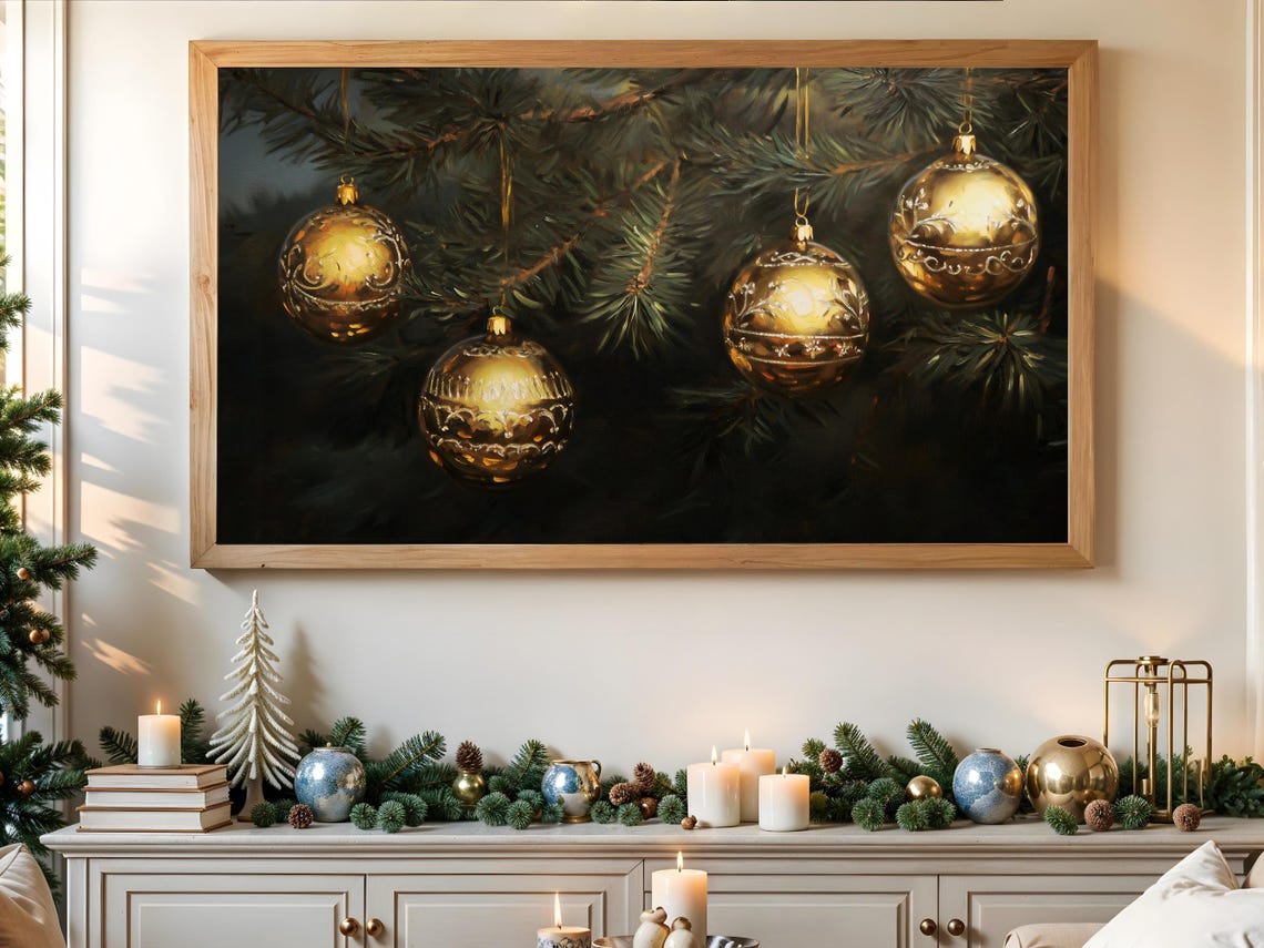 Golden Ornaments Pine Branches Dark Festive Vintage Christmas Poster - Image 3