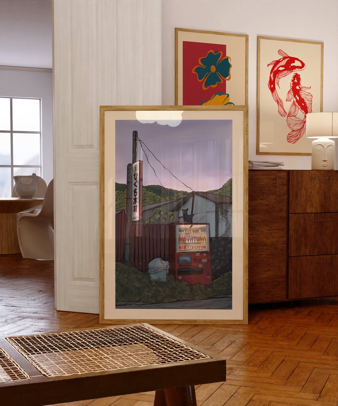 Japanese Countryside Evening Vending Machine Cat Illustration Poster - Image 6