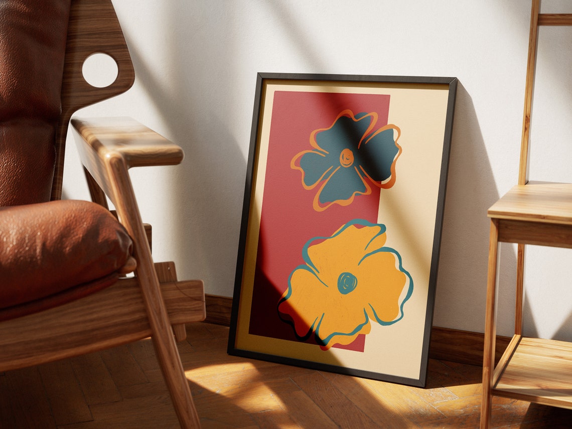 Abstract Floral Duo Teal Mustard Blooms Red Block Art Poster - Image 4
