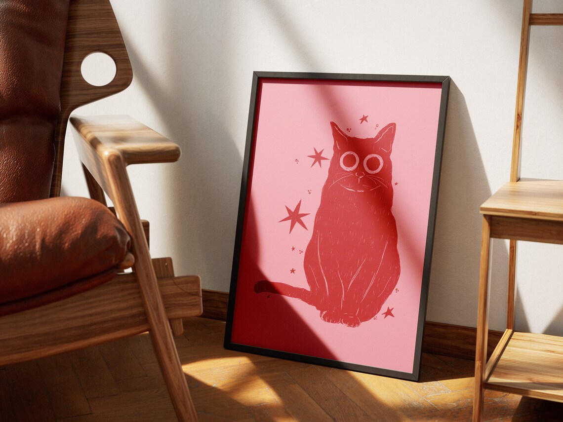Red Cat Stars Pink Background Whimsical Cat Lover Art Poster - Image 4