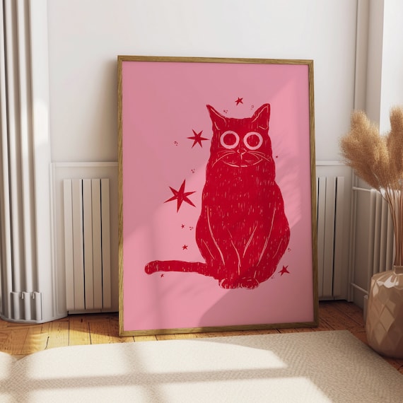 Red Pink Cat Print Cat Lover Art Vibrant Print Cute Cat Print Cat Poster Trendy Wall Art Cat Art Printable Print Retro Print
