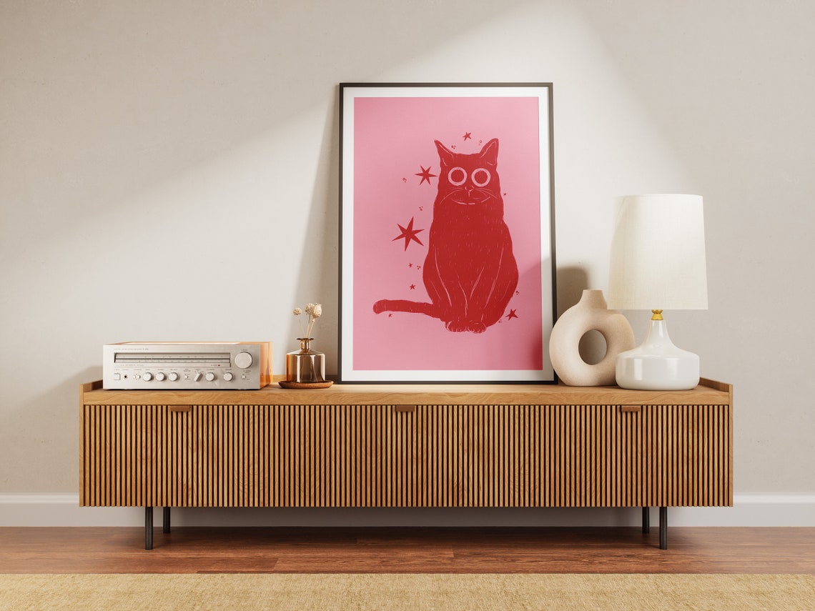 Red Cat Stars Pink Background Whimsical Cat Lover Art Poster - Image 2