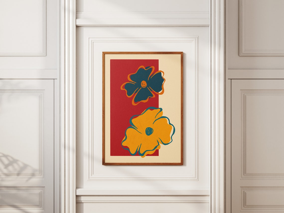 Abstract Floral Duo Teal Mustard Blooms Red Block Art Poster - Image 2