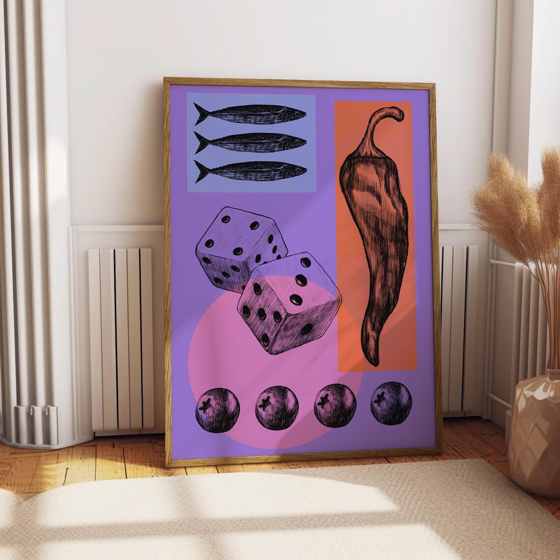 Trippy Collage Dice Fish Chili Pepper Purple Funky Art Poster