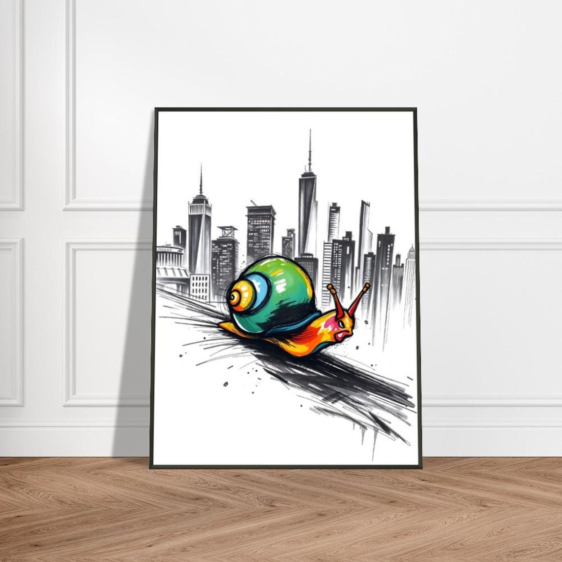 Colorful Snail Racing Through New York City Skyline Art Poster