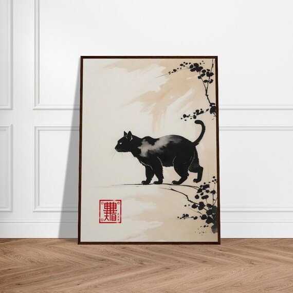 Shadow Cat In Japanese Sumi E Style Minimalist Ink Brush Poster