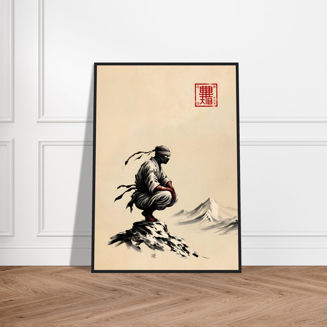 Crouching Ninja Mountain Peak Japanese Ink Art Warrior Zen Poster