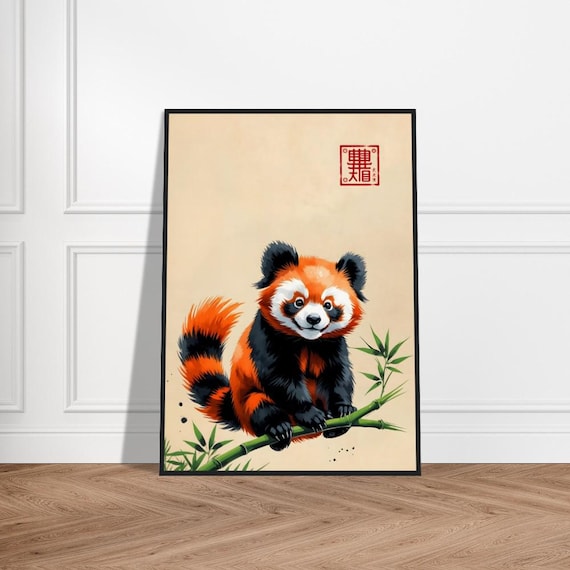 Red Panda Resting on Green Bamboo in Japanese Ink Style Art Poster
