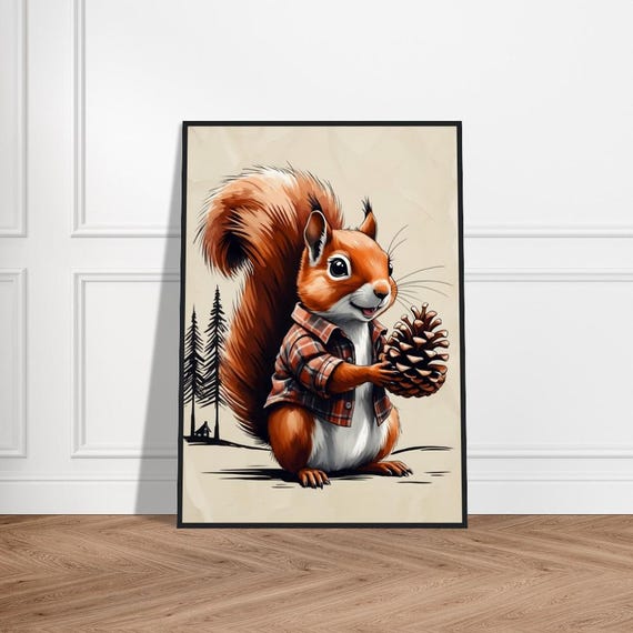 Lumberjack Squirrel Art Print In Plaid Shirt Holding Pinecone Rustic Forestthemed Illustration Whimsical Nature Wall Decor