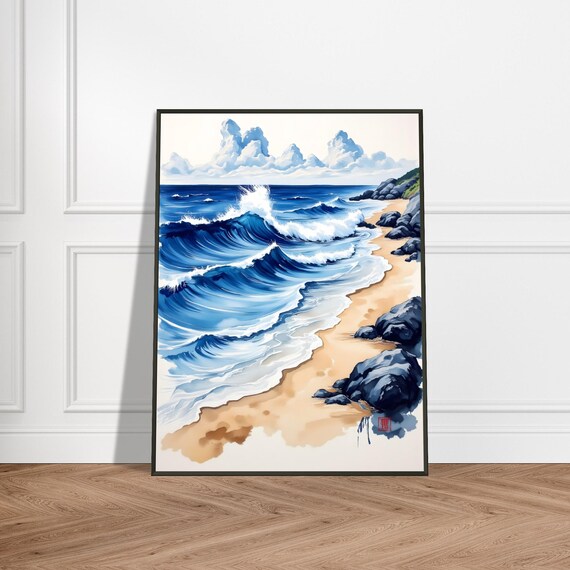 Japanese Ocean Waves Beach Blue Watercolor Seascape Style Poster