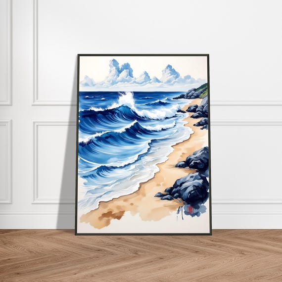 Metal Framed Japanese Ocean Wave Print Watercolor Blue Sea Beach Art Coastal Zen Wall Decor Relaxing Gift
