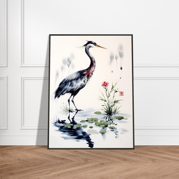 Heron by Lily Pond Pink Flower Japanese Ink Wash Style Poster