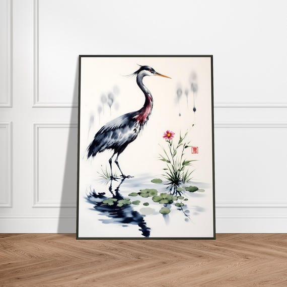 Metal Framed Japanese Crane Print Watercolor Heron Pond Art Zen Nature Wall Decor Tranquil Gift