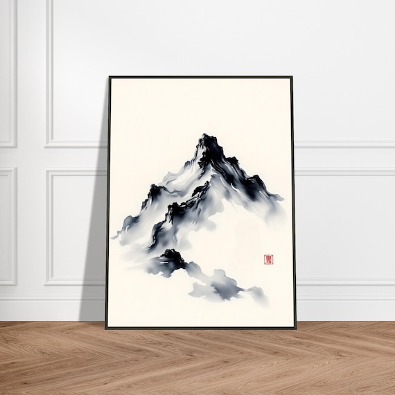 Misty Mountain Peak Japanese Ink Monochrome Brush Landscape Art Poster