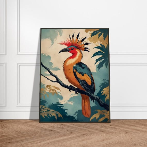 Exotic Crested Bird In Lush Forest Japaneseinspired Wildlife Art Vibrant Nature Illustration Tropical Animal Wall Decor